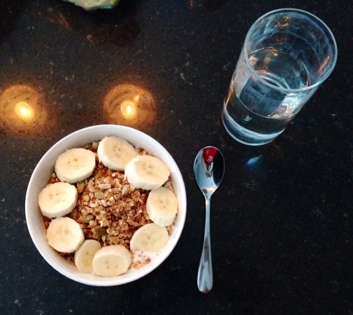 Frukost (breakfast) - Yogurt, my homemade muesli, and a banana. This is basically what I eat every single morning, with lemon juice and a cup of coffee (Not pictured).