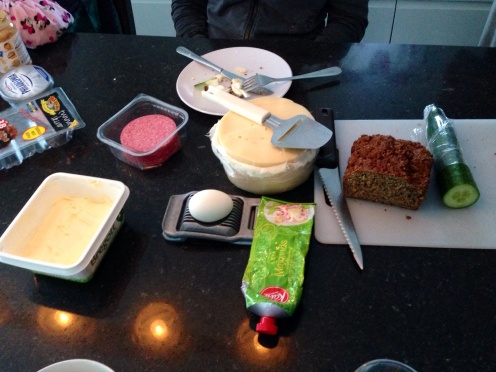 This is an example of what my hose family eats for breakfast. You can see butter, mayo, salami, cheese, cucumber, hardboiled egg, and homemade bread. In America this would look appear to be lunch, but here Sweden this is what a typical breakfast looks like. 
